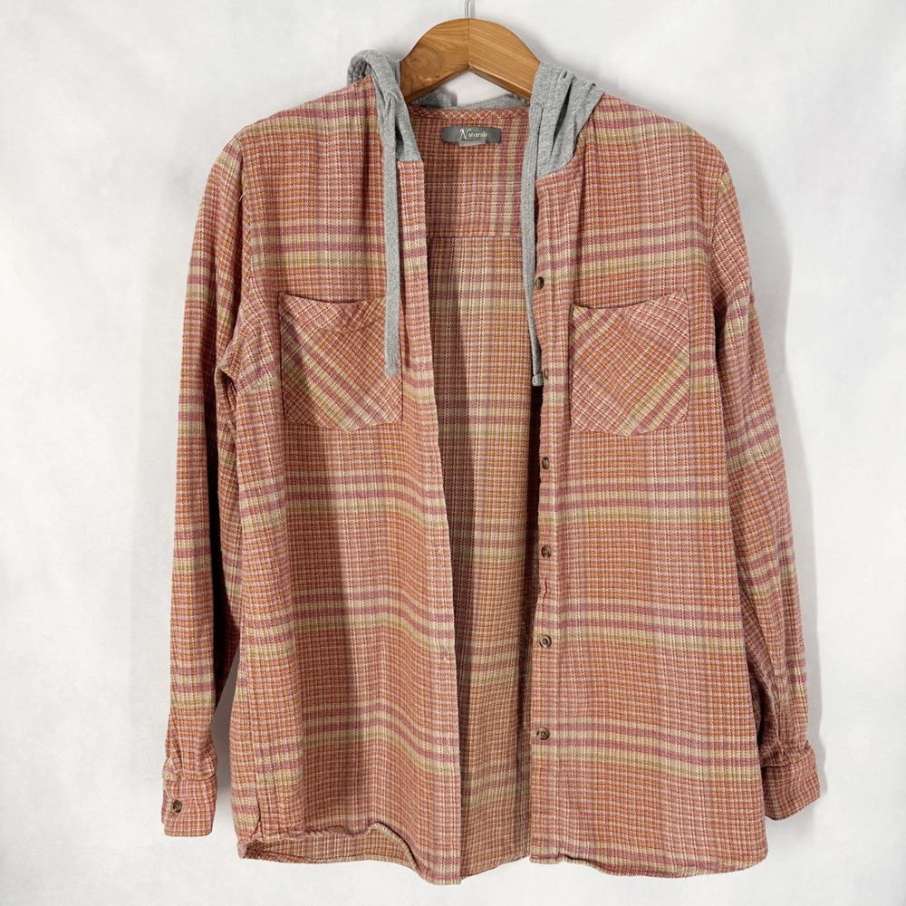 Natural Reflections Shacket Cotton Plaid Orange Hooded Shirt Jacket Size Large